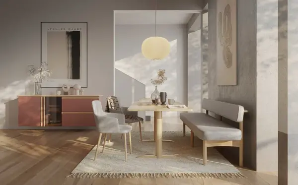 Helles Esszimmer mit modernem Esstisch, skandinavischen Stühlen und stilvoller Deko.