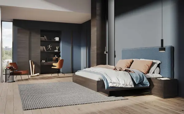 Modernes Schlafzimmer mit Holzfußboden, großem Bett, Schreibtisch und stilvoller Einrichtung.