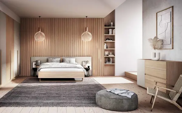Modernes Schlafzimmer mit Holzdesign, skandinavischer Einrichtung und minimalistischer Dekoration.