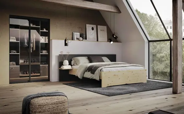 Modernes Schlafzimmer mit Holzbett, großem Fenster, Kleiderschrank und stilvoller Dekoration.